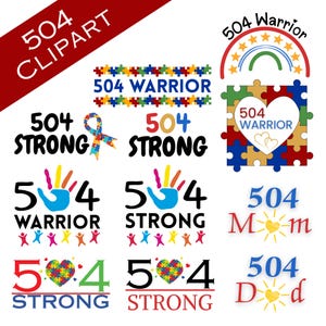 May include: A collection of colorful digital clip art elements with the text "504" and related words like "Warrior" and "Strong". The designs include puzzle pieces, handprints, and hearts, all in vibrant colors.