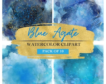 Blauwe agaat aquarel clipartbundel – alcoholinkt en marmer splash pngs | Luxe achtergronden | Directe digitale download