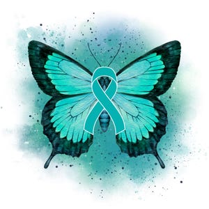 Puede incluir: Una mariposa turquesa con patrones de alas detallados y una cinta turquesa en el centro. La mariposa se encuentra sobre un fondo de acuarela con tonos turquesa y azul. La imagen es un símbolo de concienciación.