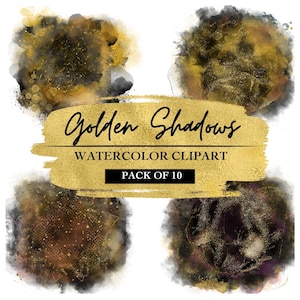 Golden Shadows Clipart Bundle | Abstract Watercolor Ink Blots | Black & Gold Glitter Elements | Commercial Use | PNG Files
