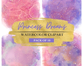Bundel met aquarel cliparts Princess Dreams – Roze en paarse spetterachtergronden | Glittertextuur, png-bestand | Direct downloaden