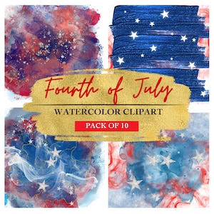 4th of July Watercolor Clipart: Patriotic Fireworks, Stars (Digital Download, PNG SVG JPG Files)