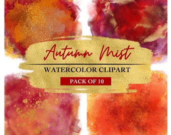 Herfstmist aquarel clipartbundel | Digitale herfstachtergronden | Goudrode oranje spatten | PNG-illustraties herfst voor sublimatie en ontwerp