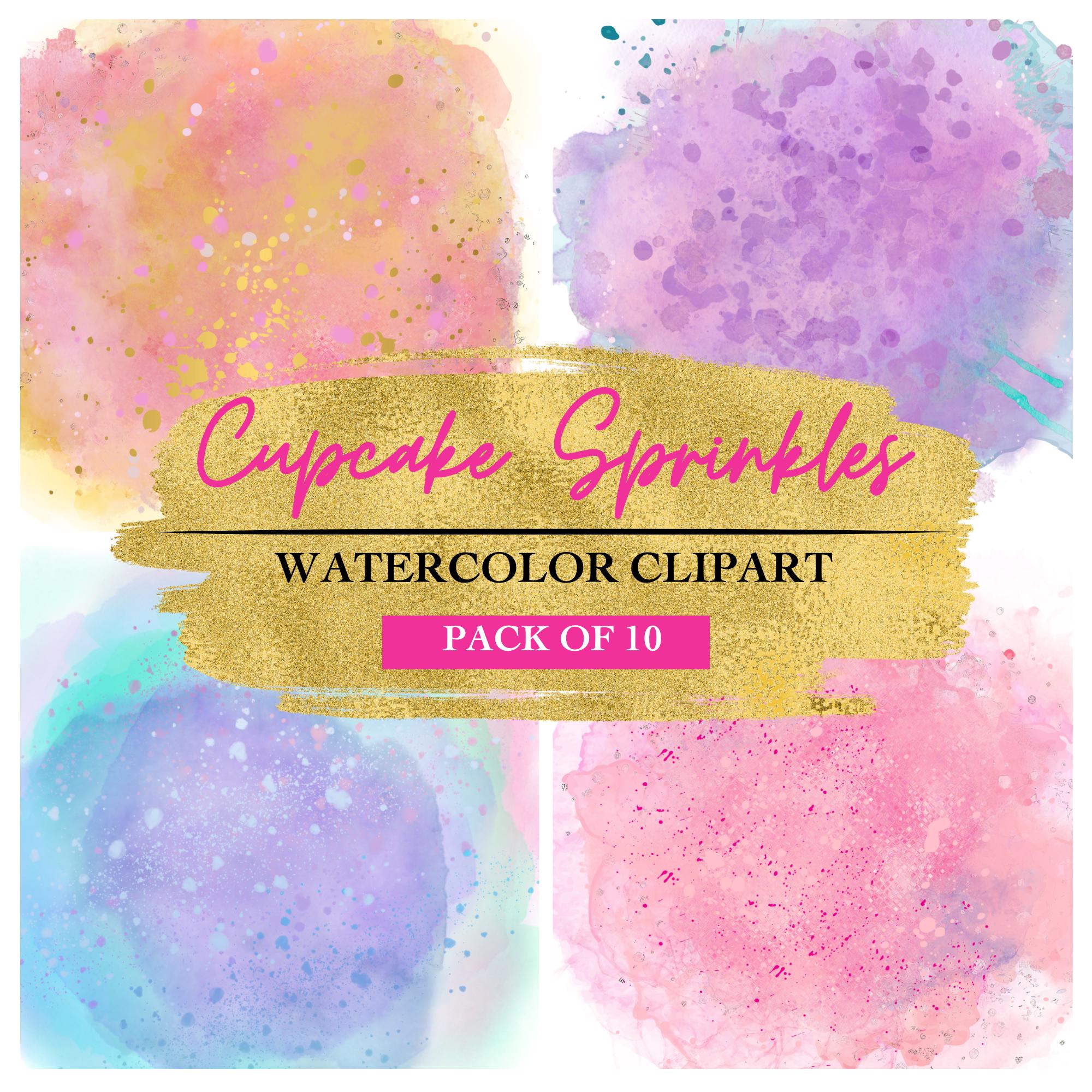 Clipartbundel aquarel splash – Cupcake hagelslag | Pastelkleurige stippen | PNG JPG SVG-achtergronden | Direct downloaden
