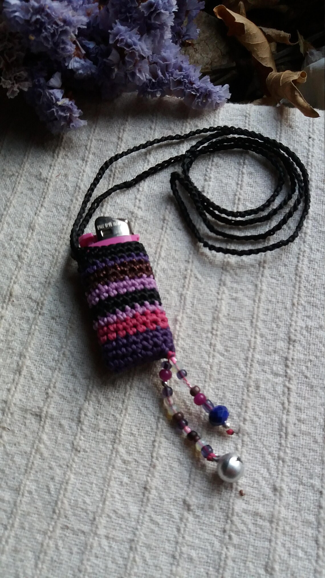 Crochet Lighter Holder Necklace in Pink and Purple Festival Etsy