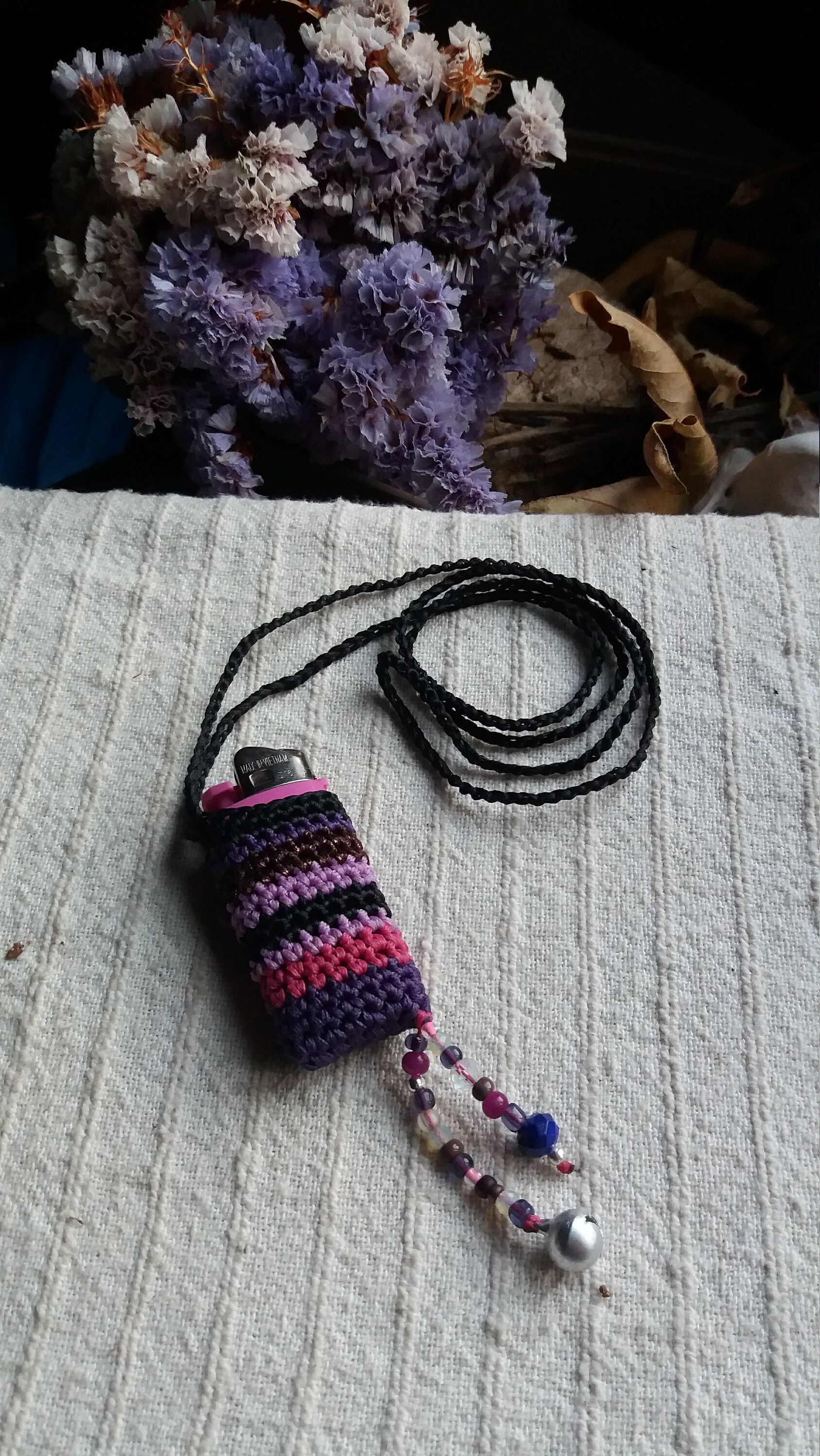 Crochet Lighter Holder necklace in pink and purple festival Etsy Polska