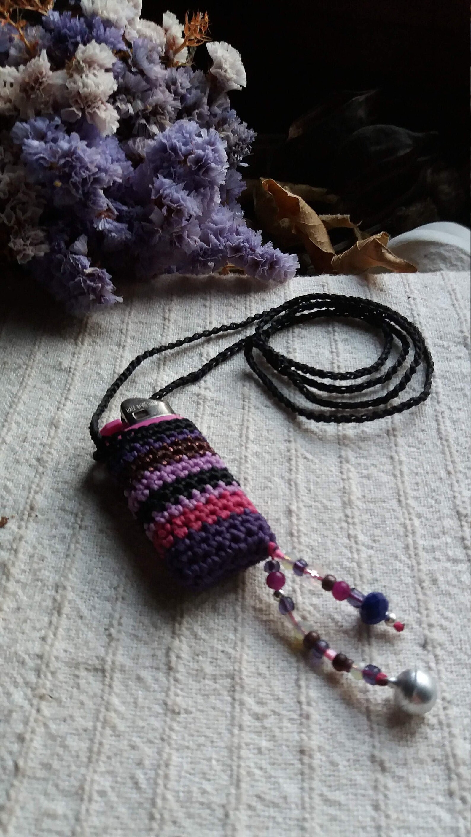 Crochet Lighter Holder Necklace in Pink and Purple Festival Etsy