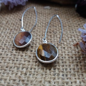 Tiger eye dangle drop silver plated earrings