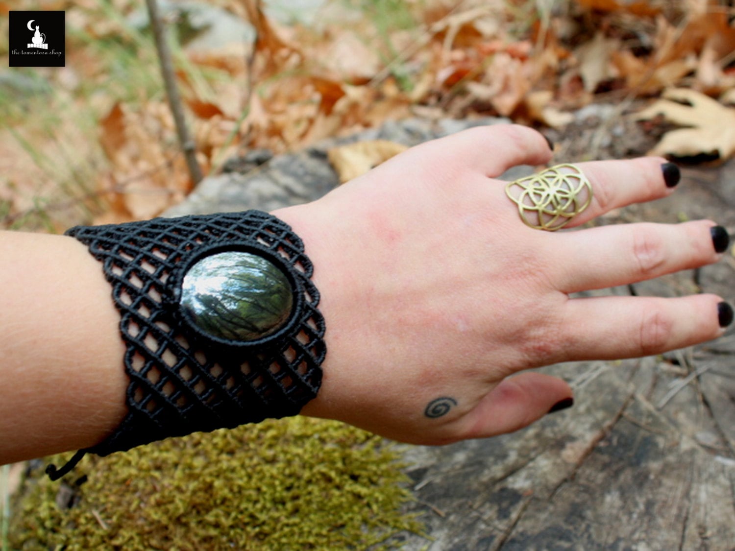 Macrame Bracelet with hematite stone, Gothic Cuff Bracelet