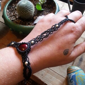 Macrame Slave bracelet, Ring Bracelet with red glass