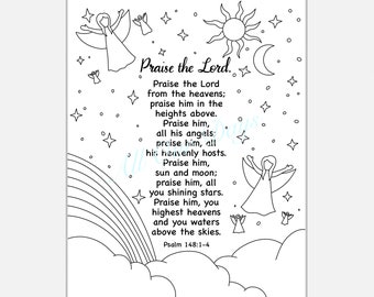 Psalm 148:1-4 Coloring Praise the Lord Bible Verse Bible Journaling Scripture Digital Printable Christian Illustrated Faith INSTANT DOWNLOAD