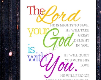 The Lord Your God is with You // Zephaniah 3:17 // Rainbow // INSTANT DOWNLOAD // Wall Art Print // Nursery Art