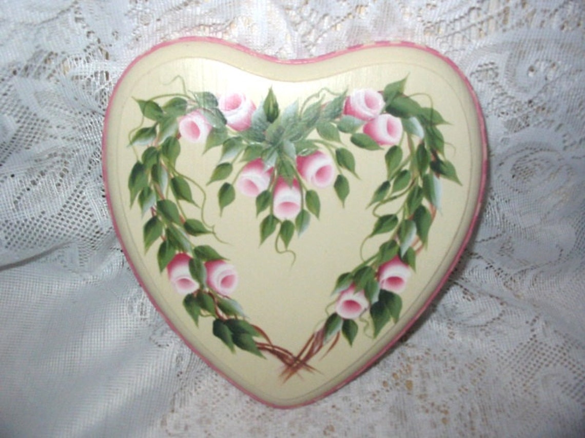 Hand Painted Heart Shaped Plaque with Painted Pink Roses Etsy