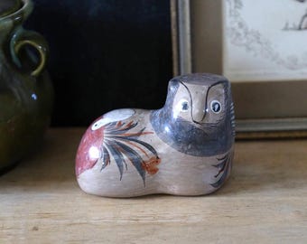 Vintage Mexican Pottery Tonola Cat with Bird, Primitive, Folk Art, Home Decor, Earthtones, Painted