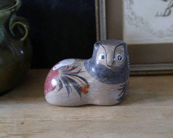 Vintage Mexican Pottery Tonola Cat with Bird, Primitive, Folk Art, Home Decor, Earthtones, Painted