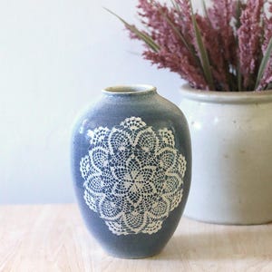 Vintage Studio Pottery Vase with Lace Pattern, Ceramic with Speckled Glaze, Blue and White