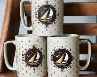 Vintage Sailboat Mug. Set of 3, Otagiri Brown and Beige Mugs. Nautical, Porthole Sailing Motif, Seagulls, Coffee or Tea Mugs, Stoneware