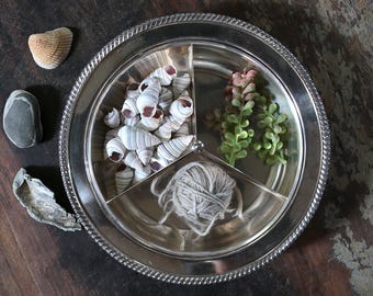 Vintage Silver Dish, Three Section Divided Dish, Two Pieces, Display Bowl, Silver Serving Bowl by Crescent Silver Company, Finial, Farmhouse
