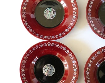 Vintage Lacquer Coaster Set, Asian Lacquerware Coasters, Dark Red Burgundy with Inlay Mother of Pearl Details, Bird Design, Drink Coasters
