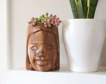 Vintage Carved Wood Mug, Face Mug, Female Face, Woman, Smile, Handled Mug, natural Home, 1970s, Tiki, Saman or Monkey Pod Woods