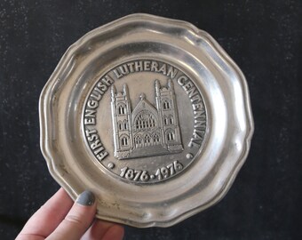 Vintage Pewter Plate, Wilton Commemorative Pewter Plate, First English Lutheran Church Centennial, Church Memorabilia, Collectible Plate