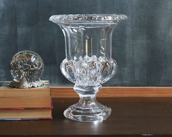 Vintage Glass Urn, Thick Clear Crystal Glass Vase, Neoclassical Style, Pedestal Trophy Shape, Centerpiece, Candleholder, Hurricane Candle,