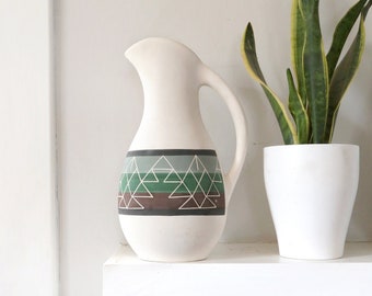 Vintage Hand Painted Pitcher with Handle, Native American, Etched Design, White, Brown Green and Black, Water Pitcher