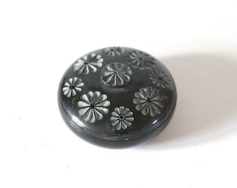 Vintage Soapstone Lidded Box, Round Box, Black Carved Box with Flowers, Trinket Box, Incense Box