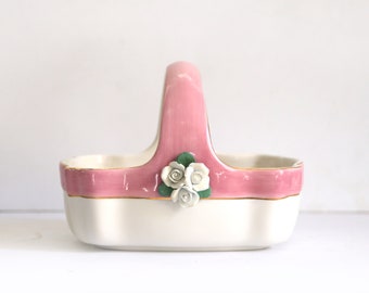 Vintage Pink, White and Gold Ceramic Basket by Teleflora, Capodimonte Style Porcelain Flowers, Easter Decor, Pastel