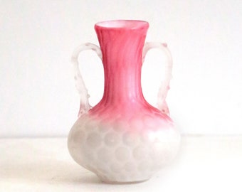 Vintage Blown Glass Pink Satin Double Handled Amphora Vase with Quilted Pattern, Mt Washington Small Vase, Pink and White
