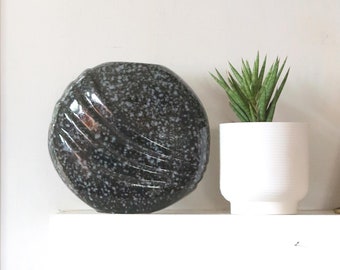 Vintage Round Vase with 80s Art Deco Revival Style, Black with Gray White Speckle, Round Vase with Swoosh or Curtain Shape, Splatter Glaze