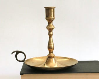 Vintage Brass Candlestick Holder, Chamber Style with Finger Ring, Early American Stye, Colonial