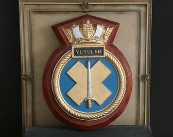 Vintage Wall Plaque Royal Navy HMS Verulam, Metal Plaque Mounted on Wood, Ready to Hang, Military Collectible, British Royal Navy, Nautical