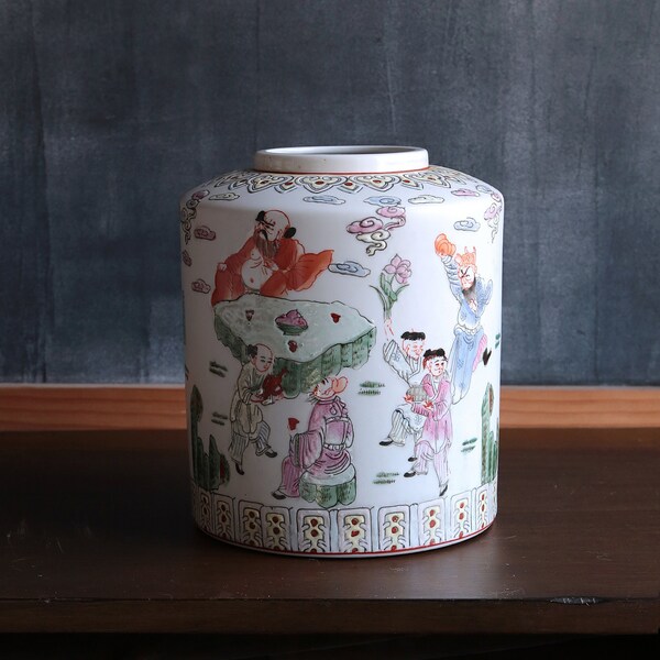Vintage Chinese Porcelain Vase, 9" Inches Tall, Asian Ceramic Vase, Buddha Scene, Cylinder, Possibly Considered Famille Rose, Pastel