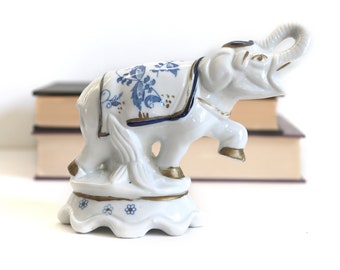 Vintage Circus Elephant, Blue and White Ceramic, Flower Pattern, Shelf Decor, Home Decor, Collectible