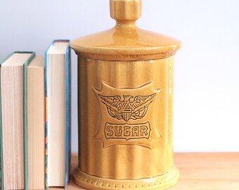 Vintage Sugar Canister, Mustard Yellow Americana 70s Style Container with Eagle Motif, Fluted Column Sides, Lidded Kitchen Decor