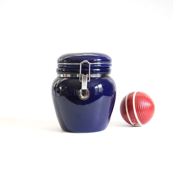 Vintage Cobalt Ceramic Canister with Metal Latch Closure, Medium Canister, Dark Blue, Round, Ginger Jar Shape