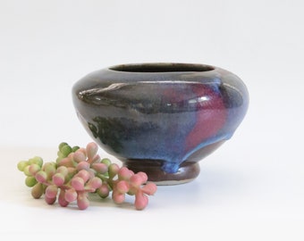 Vintage Studio Pottery Small Vase, Dark Rust, Blue, Red-Purple, Small Planter, Small Bowl, Stoneware