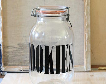 Vintage Cookie Jar, Triomphe France Glass Container with Black Lettering, Typography, 1970s, Bail Lid
