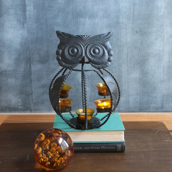 Vintage Metal Owl Candle Holder, Halloween, Dark Brown Owl with Amber Glass Tea Light Holders