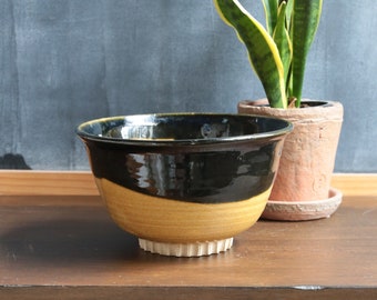 Vintage Studio Pottery Bowl, Black Dripped Glaze over a Mustard Yellow Tan Glaze, Large Round Bowl, Centerpiece, Fruit Bowl, Yarn Bowl