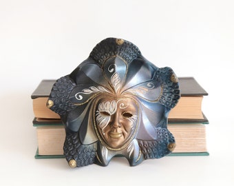 Vintage Ceramic Venetian Style Mask, Small Ceramic Mask, Blue and Gold, Peacock, Flower Shape, Painted Carnival Wall Hanging