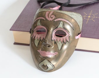 Vintage Brass Mask, Enameled Mask Wall Hanging, Mardi Gras, Opera, Masquarade, Wall Decor