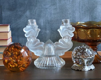Vintage Glass Double Candleholder, Clear and Frosted Glass, Libochovice Glass, Czechoslovakian Glass, Art Nouveau, Wedding Decor, Art Deco