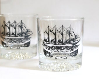 Vintage Nautical Double Old Fashion Glasses, Set of 2, Barware, Tall Ship, Juan Sebastian De Elcano, Spanish Ship, Explorer, Travel