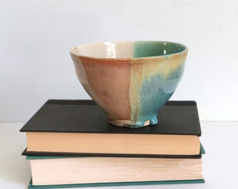 Vintage Studio Pottery Bowl, Rainbow Colors, Earthy Pastels, Circus, Wabi Sabi, Blue and Rust Round Bowl