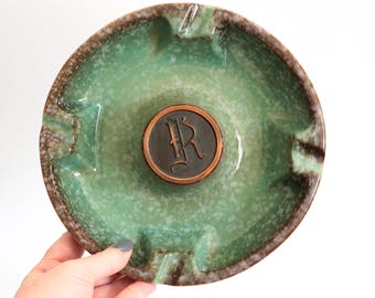 Vintage Ceramic Ashtray Green Drip Glaze, Ombre, Hyde Park No. 1900, Roseville Pottery, Monogram