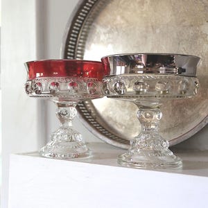 Vintage Kings Crown Candy Dish, Silver and Ruby Red, Indiana Glass, Set of 2, Thumbprint Design, Glass, Wedding Decor, Business Card Holders