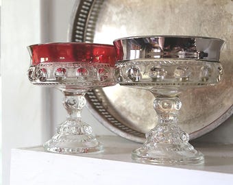 Vintage Kings Crown Candy Dish, Silver and Ruby Red, Indiana Glass, Set of 2, Thumbprint Design, Glass, Wedding Decor, Business Card Holders