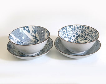 Vintage Ceramic Bowl and Plate, Mismatch Blue and White Design, Asian Bowl and Plate, Flower, Stripes, Bamboo